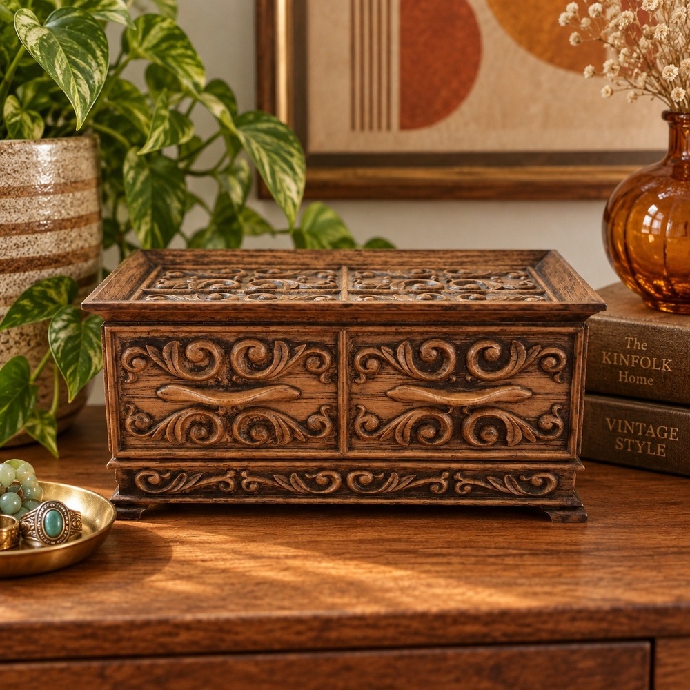 Lerner Vintage Ornate Wood Box Sewing Faux Desk Office Engraved Mid Century USA